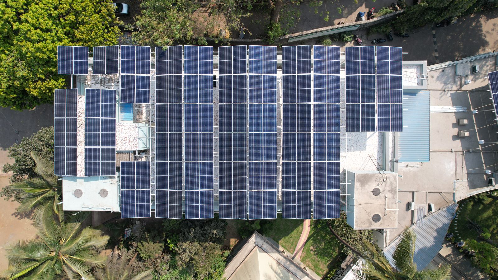 Aerial view of solar panels installed on Portuguese Church Dadar rooftop