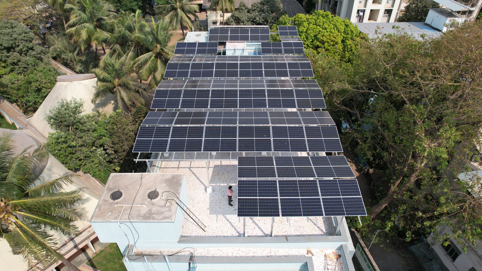 Angled view of Portuguese Church Dadar rooftop solar installation